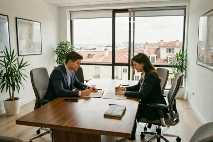 Un courtier en prêt immobilier conseille un couple dans un bureau moderne à Marseille avec vue sur le Vieux-Port