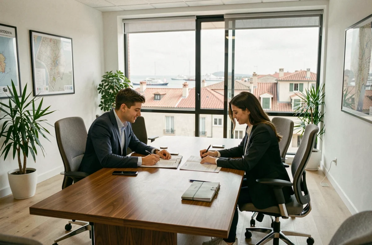Un courtier en prêt immobilier conseille un couple dans un bureau moderne à Marseille avec vue sur le Vieux-Port