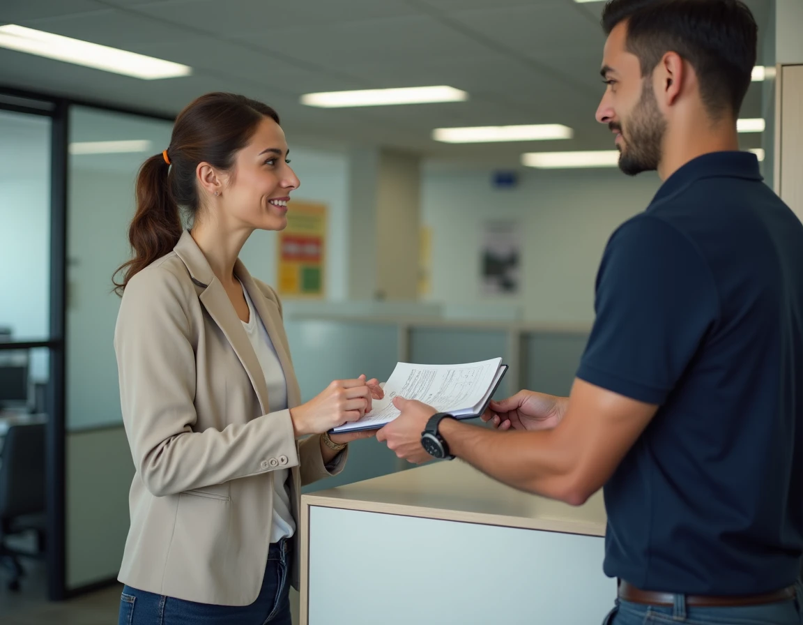 Femme déposant une demande de permis de construire pour un garage au guichet d'une mairie