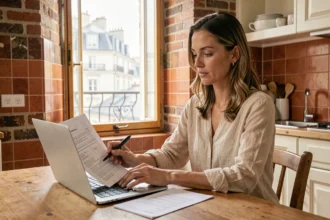 Femme consultant un devis d'assurance habitation sur un ordinateur portable dans un appartement de style toulousain