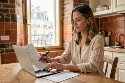 Femme consultant un devis d'assurance habitation sur un ordinateur portable dans un appartement de style toulousain