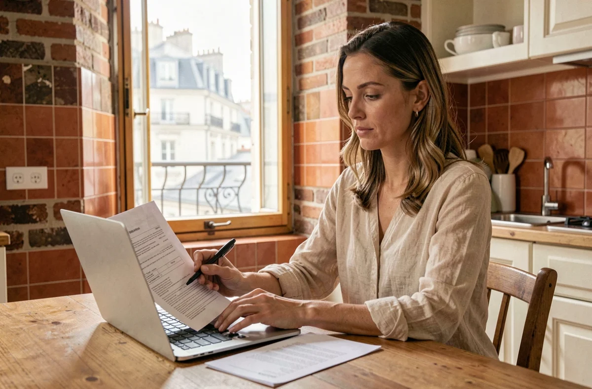 Femme consultant un devis d'assurance habitation sur un ordinateur portable dans un appartement de style toulousain