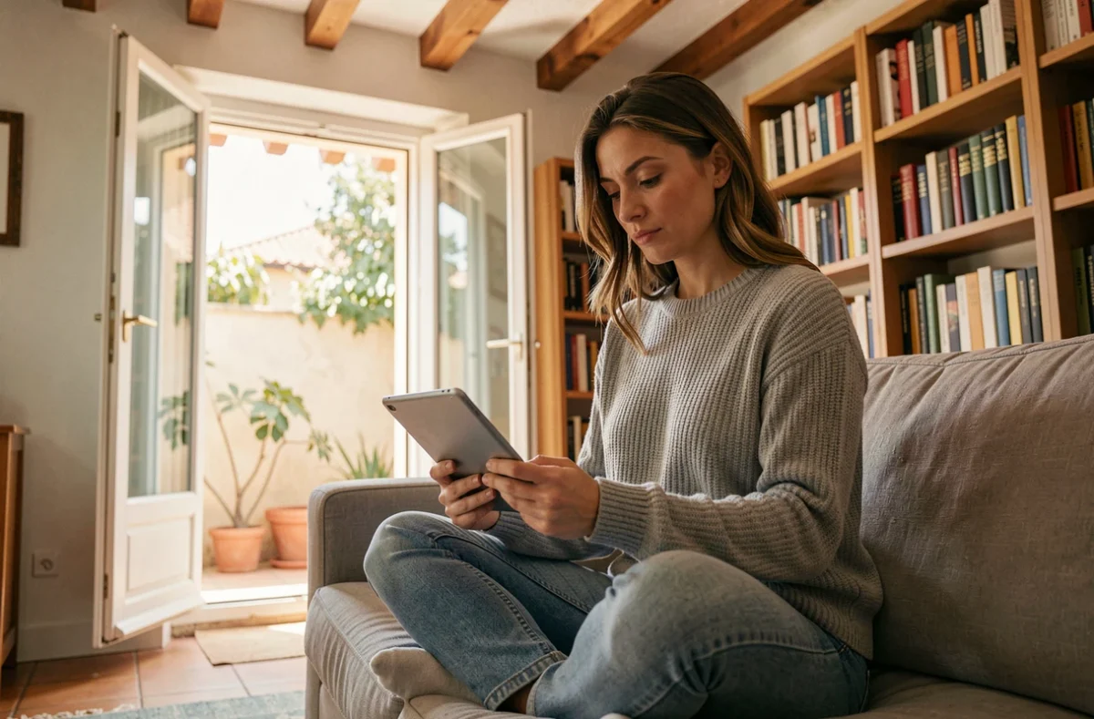 Femme remplissant un formulaire de devis d'assurance habitation sur une tablette dans un appartement toulousain