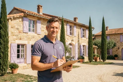 Diagnostiqueur immobilier certifié devant une résidence provençale ensoleillée en Provence-Alpes-Côte d'Azur