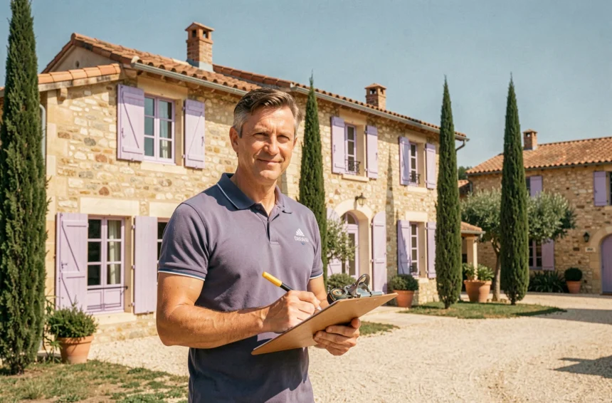 Diagnostiqueur immobilier certifié devant une résidence provençale ensoleillée en Provence-Alpes-Côte d'Azur