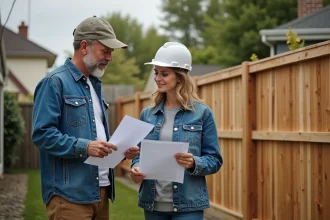 Couple discutant des limites de propriété dans un jardin
