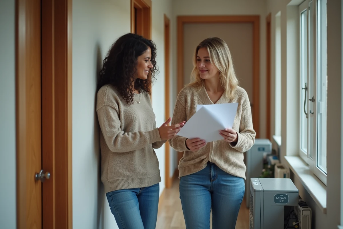 Locataire et propriétaire discutant de chauffage dans hall