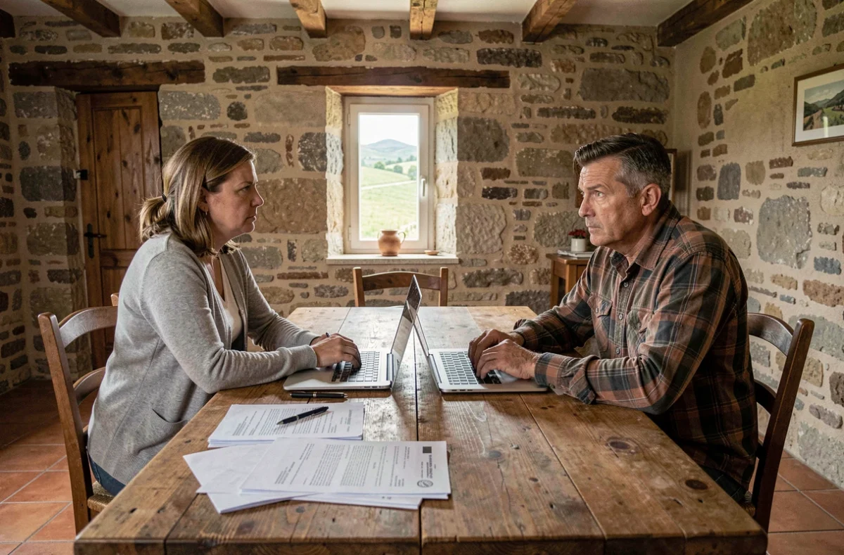 Couple en train de se séparer autour d'une table avec des documents juridiques dans une maison en pierre en Lozère