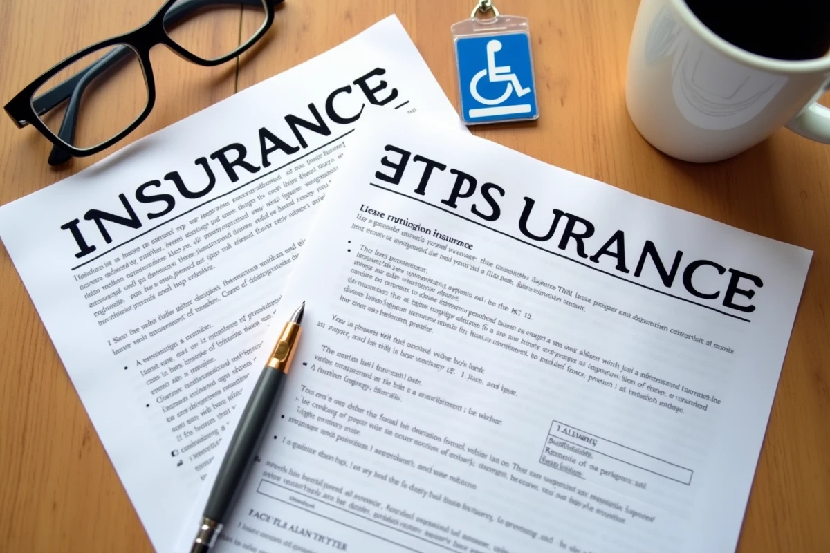 Documents d'assurance loyers impayés et badge handicapé posés sur un bureau en bois
