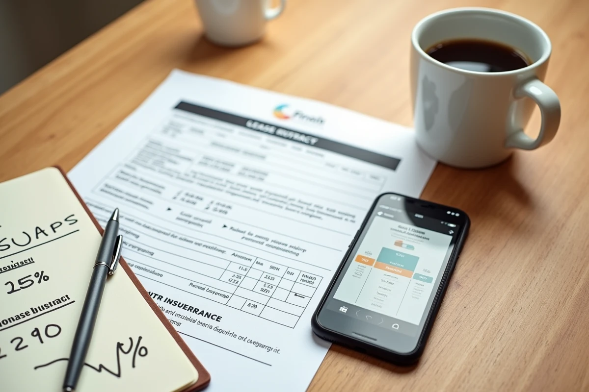 Vue de dessus d'un bail de location, d'un smartphone affichant un comparateur d'assurance loyer impayé et d'un bloc-notes avec des calculs de primes sur une table en bois