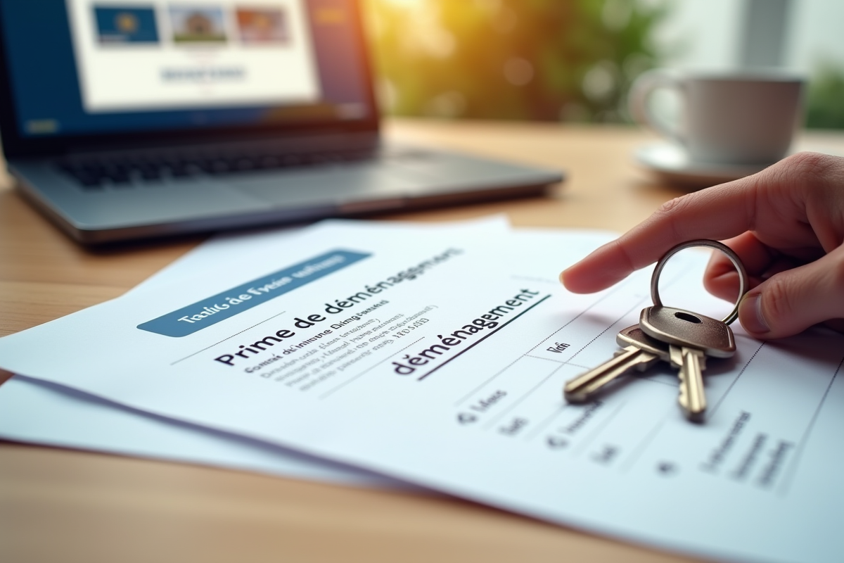 Documents officiels et clés de maison avec mention prime de déménagement