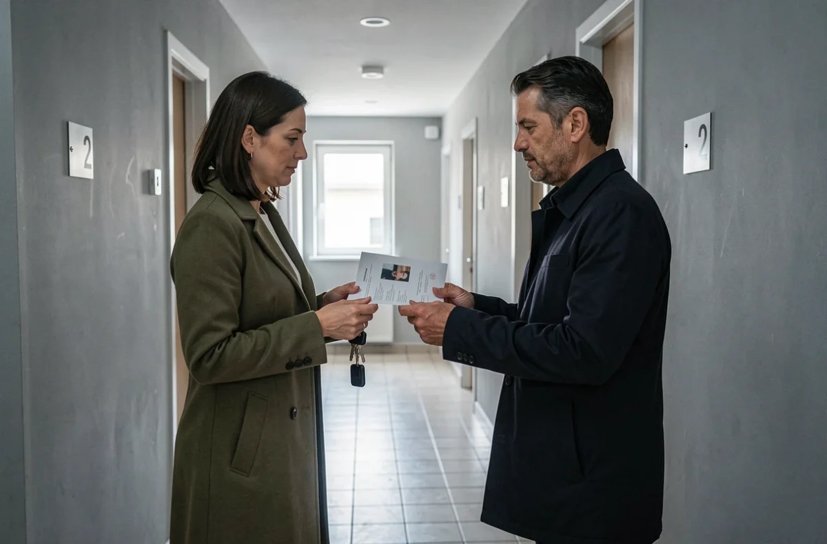 Échange de clés entre locataire et propriétaire dans un couloir d'immeuble avec attestation de remise en main propre lors d'une résiliation de bail