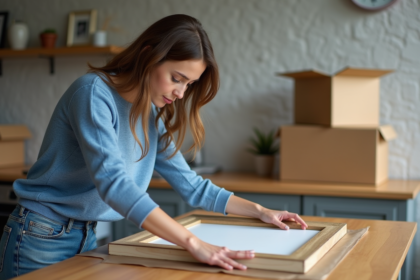 Femme emballant un tableau avec soin dans une cuisine