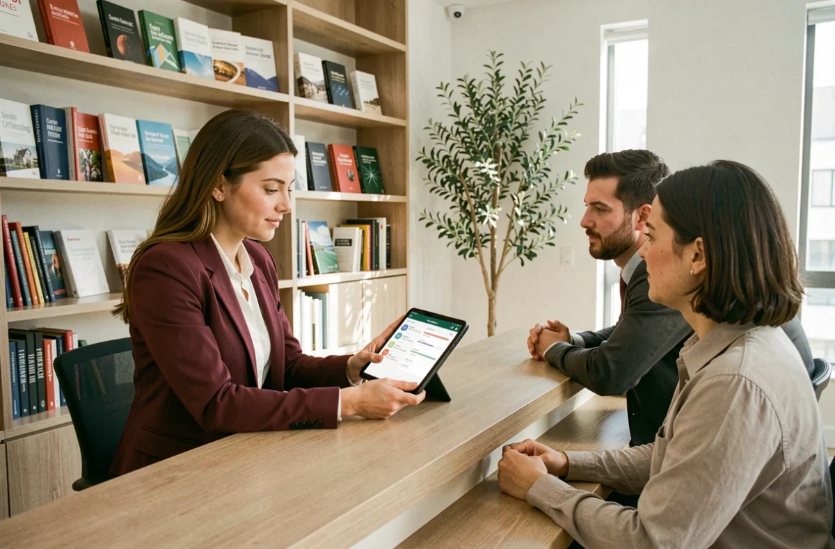 Conseillère Empruntis Marseille présentant une simulation de prêt immobilier sur tablette à un couple