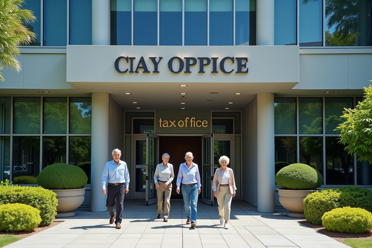 Seniors sortant confiant de la mairie avec le bureau des taxes