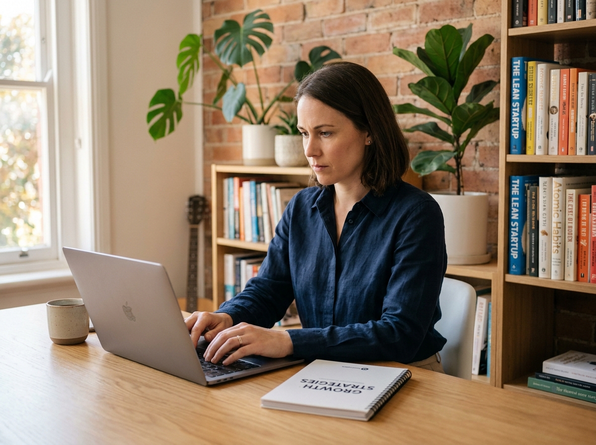 Entrepreneuse indépendante travaillant sur son ordinateur portable dans un bureau à domicile moderne et minimaliste