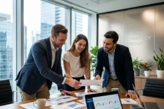 Équipe marketing professionnelle collaborant autour d'une table de réunion moderne dans un bureau d'entreprise contemporain