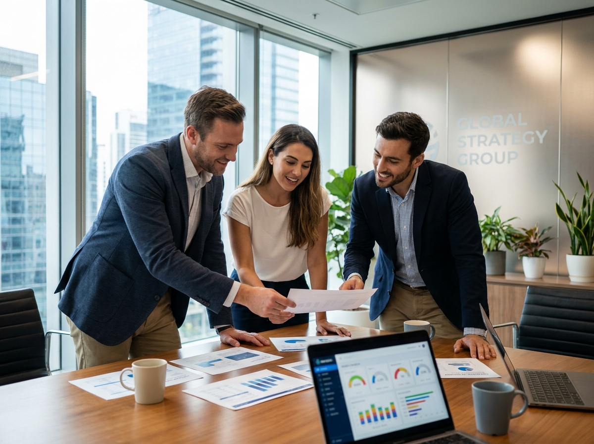 Équipe marketing professionnelle collaborant autour d'une table de réunion moderne dans un bureau d'entreprise contemporain