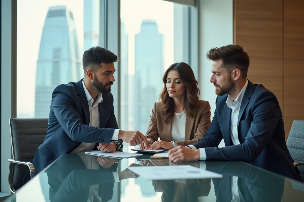 Équipe en réunion de travail dans une salle de conférence moderne à Almas Tower JLT Dubai