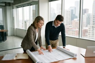 Deux professionnels en réunion dans un bureau moderne