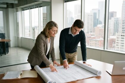 Deux professionnels en réunion dans un bureau moderne