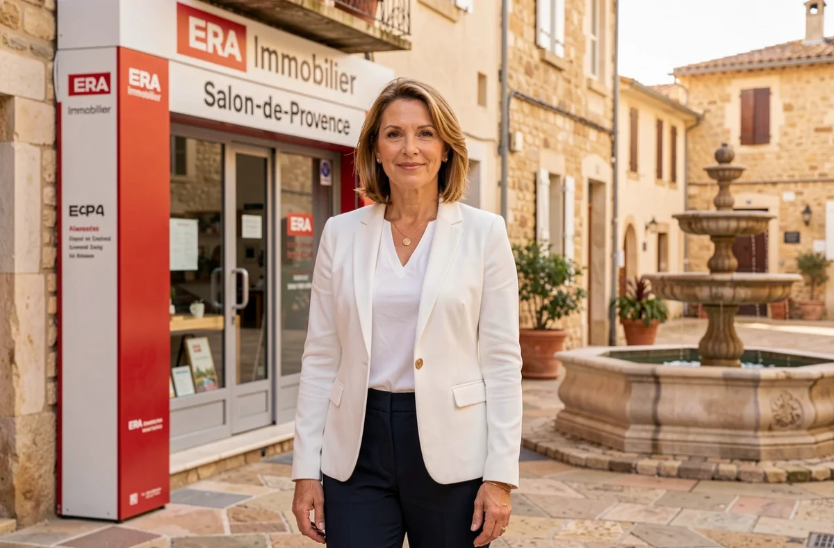 Agente ERA Immobilier devant l'agence de Salon-de-Provence avec place provençale et fontaine en arrière-plan