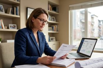 Femme agent immobilier analysant une estimation de bien immobilier sur des documents et un ordinateur portable dans un bureau moderne