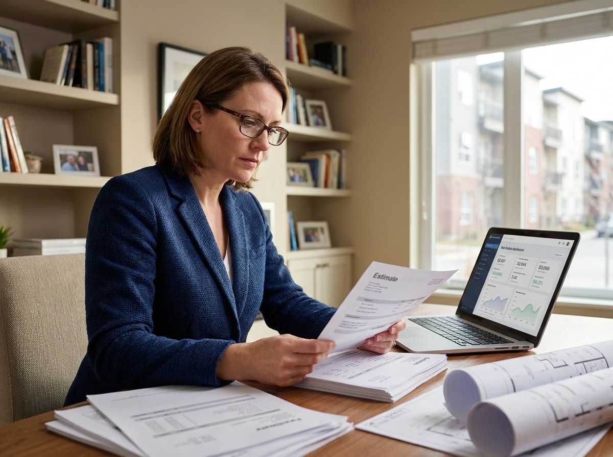 Femme agent immobilier analysant une estimation de bien immobilier sur des documents et un ordinateur portable dans un bureau moderne