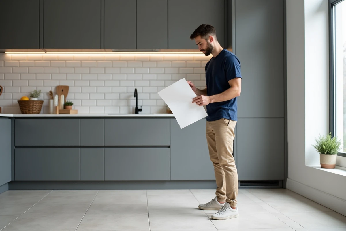 Homme estimant la superficie d'une cuisine moderne en comparant les carreaux de sol à une feuille de référence