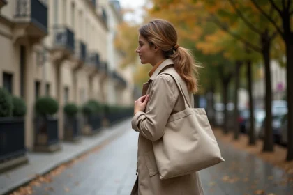 Jeune femme étudiante marchant dans une avenue arborée de Maisons-Laffitte avec des immeubles haussmanniens en arrière-plan