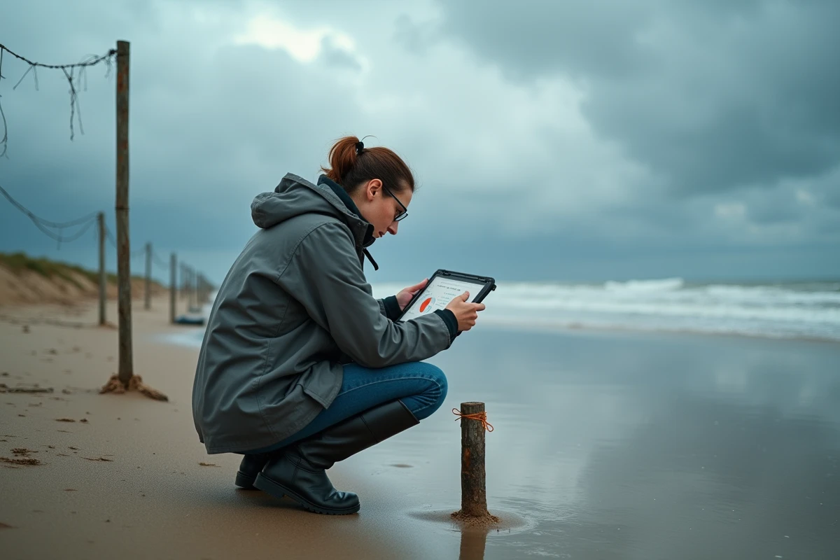 Scientifique de terrain évaluant l'impact du changement climatique et de la montée des eaux sur une plage érodée