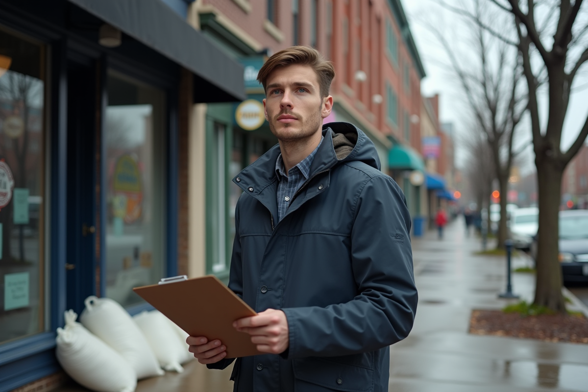 Jeune expert en assurance inspectant un magasin endommagé