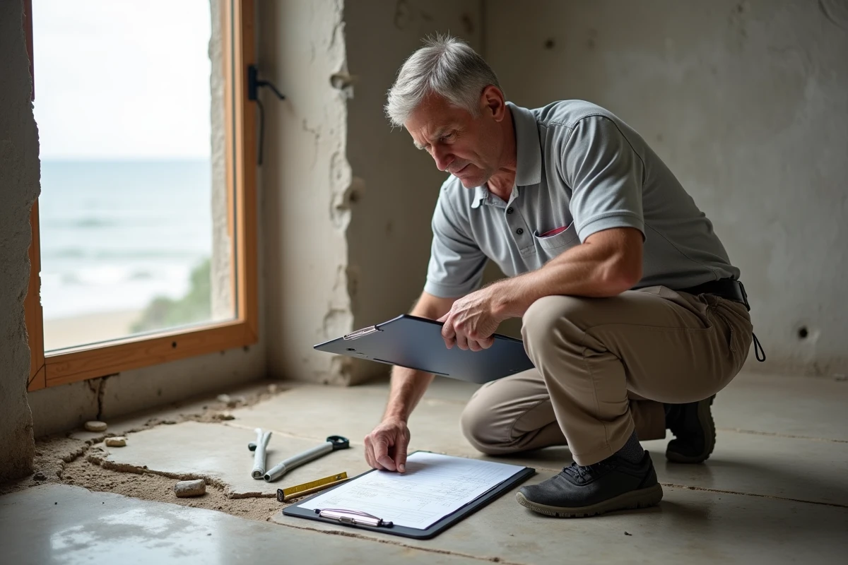 Artisan expert en rénovation évaluant l'état d'une maison en bord de mer pour estimer le budget de travaux