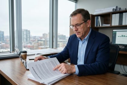 Expert immobilier évaluant un rapport de propriété