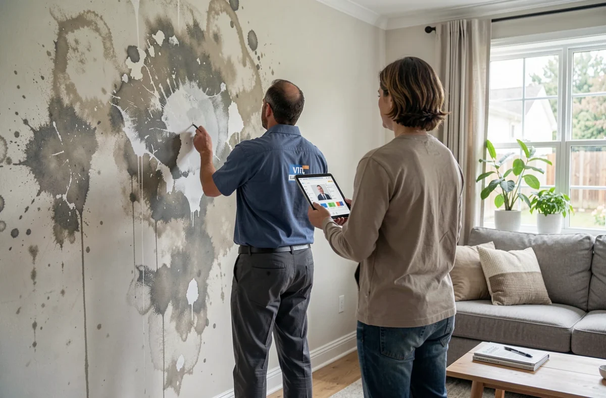 Expert inspectant un mur endommagé aux côtés du propriétaire du logement