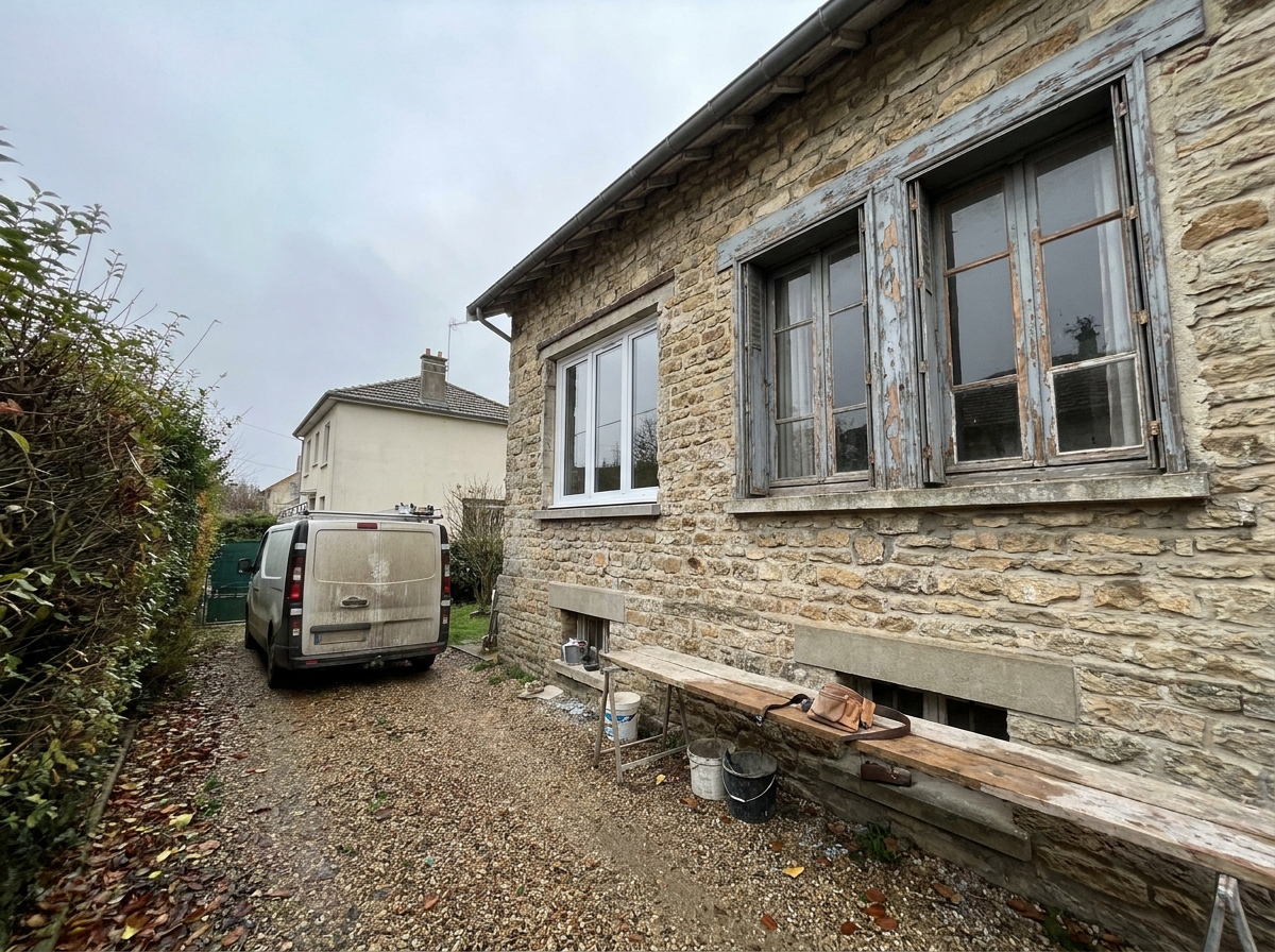 Façade de maison traditionnelle française avec une fenêtre PVC neuve installée à côté d'anciens ouvrants en bois lors d'une rénovation partielle