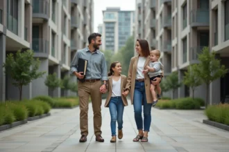 Famille accueillie par une femme dans une résidence sociale