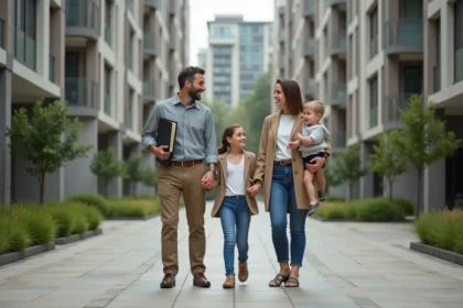 Famille accueillie par une femme dans une résidence sociale