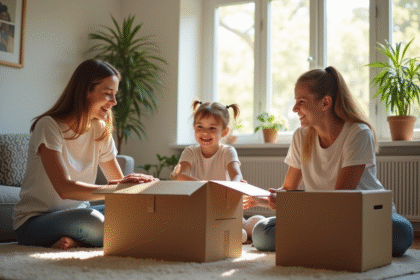 Famille française souriante préparant ses cartons dans un salon lumineux