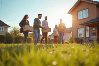 Famille heureuse déplaçant des cartons dans une nouvelle maison ensoleillée