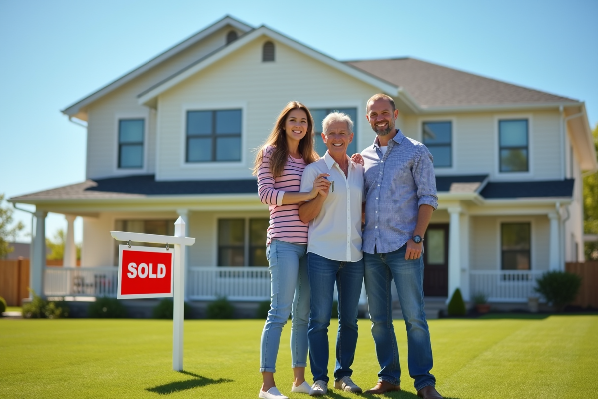 Famille souriante devant leur nouvelle maison avec clé et panneau vendu