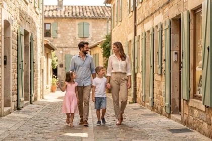 Famille se promenant dans une rue calme et pittoresque d'Avignon avec façades en pierre provençale