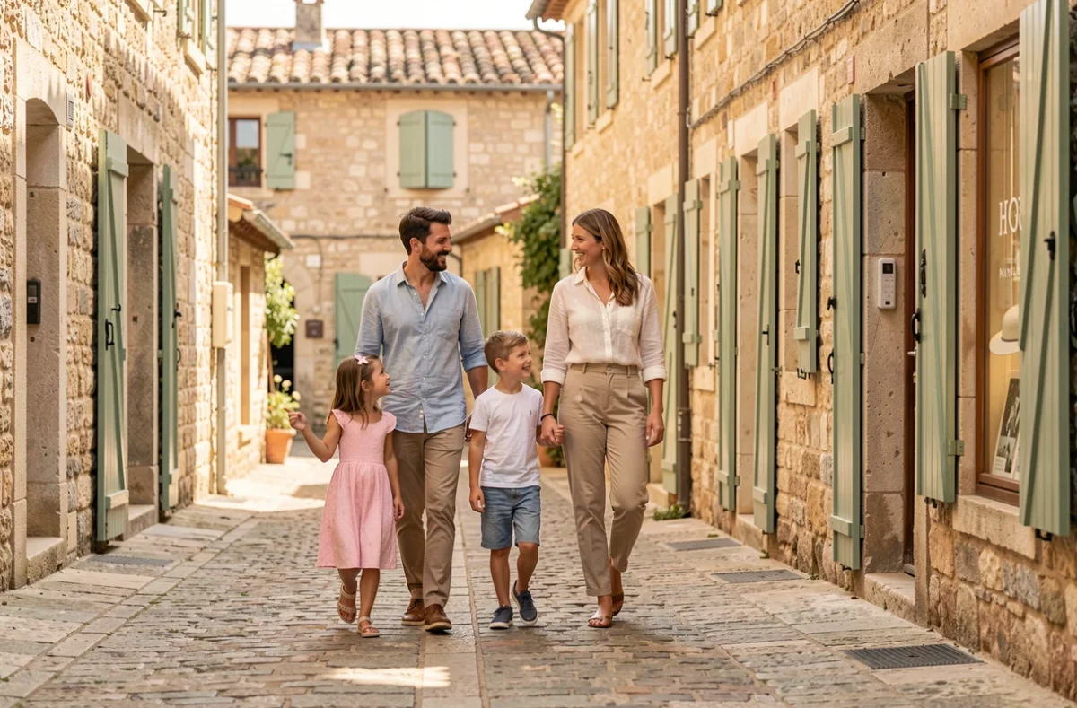 Famille se promenant dans une rue calme et pittoresque d'Avignon avec façades en pierre provençale