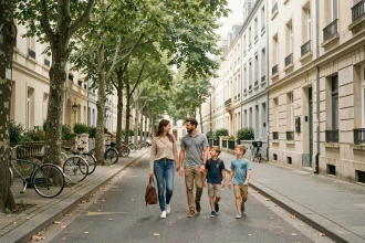 Famille se promenant dans un quartier résidentiel calme du Havre avec des façades normandes et des arbres alignés