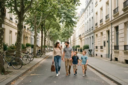 Famille se promenant dans un quartier résidentiel calme du Havre avec des façades normandes et des arbres alignés