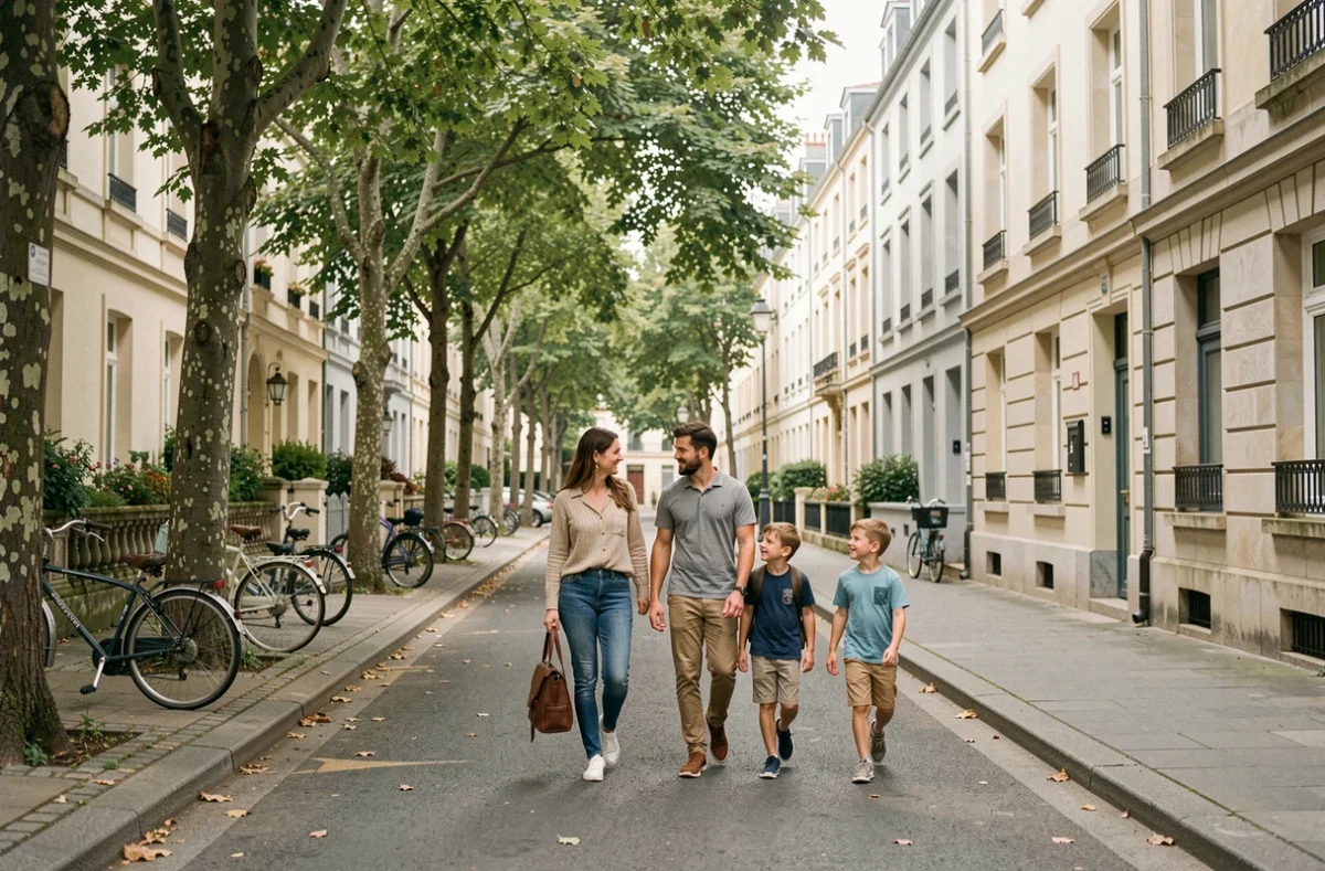 Famille se promenant dans un quartier résidentiel calme du Havre avec des façades normandes et des arbres alignés