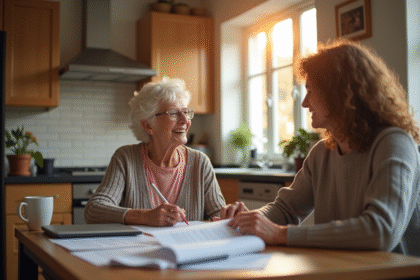 Femme agee souriante lisant documents fiscaux à la maison