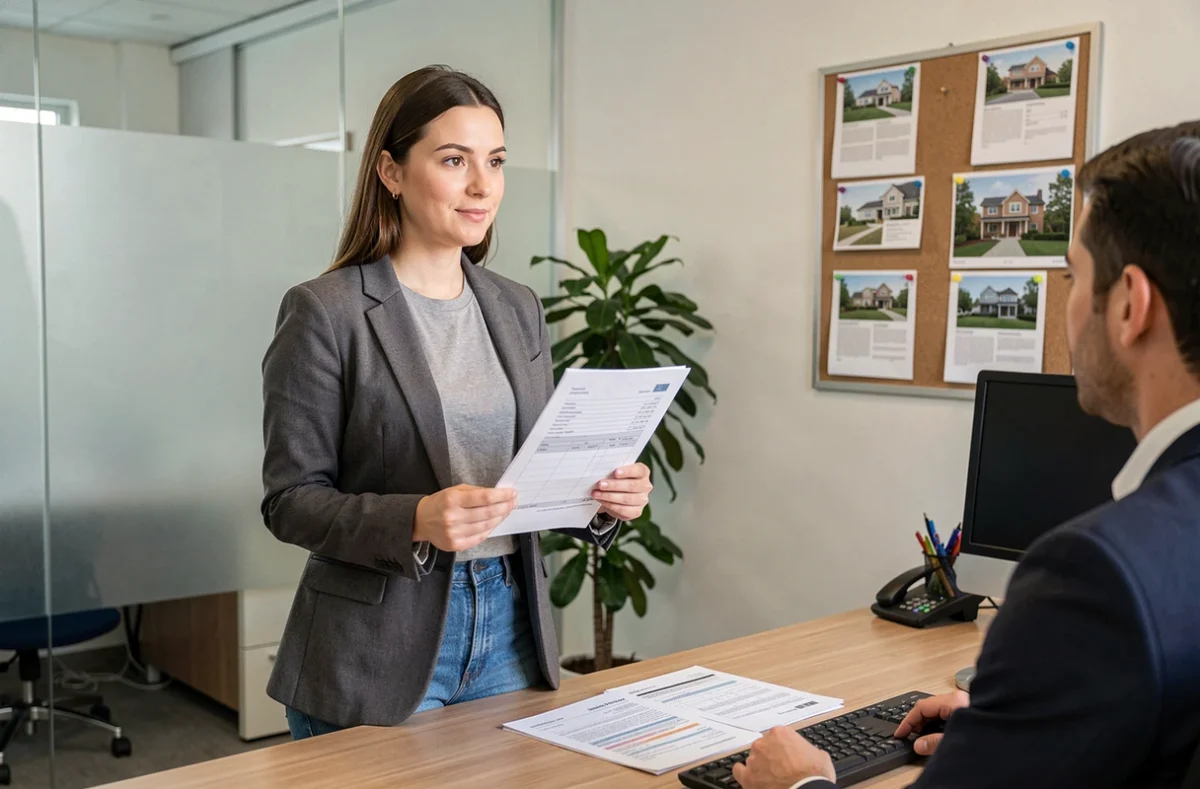 Femme présentant un dossier de location alternatif sans fiche de paie dans une agence immobilière