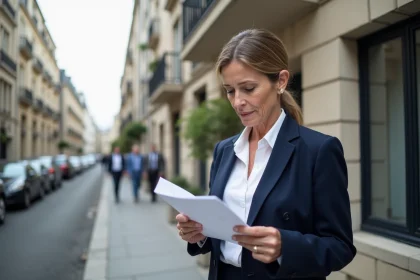 Femme consultant un annuaire de copropriété devant un immeuble résidentiel parisien