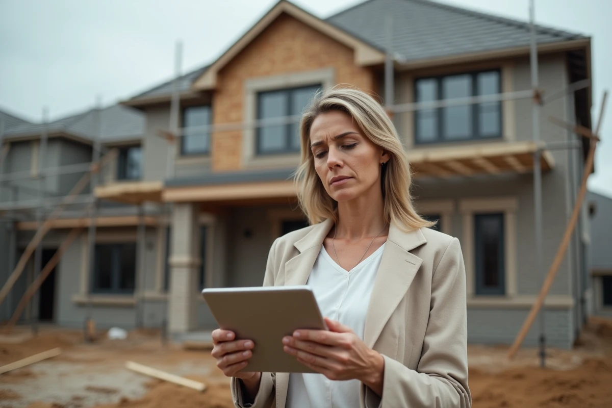Une femme lisant des avis partagés sur permis-construire.com devant un chantier de construction résidentiel